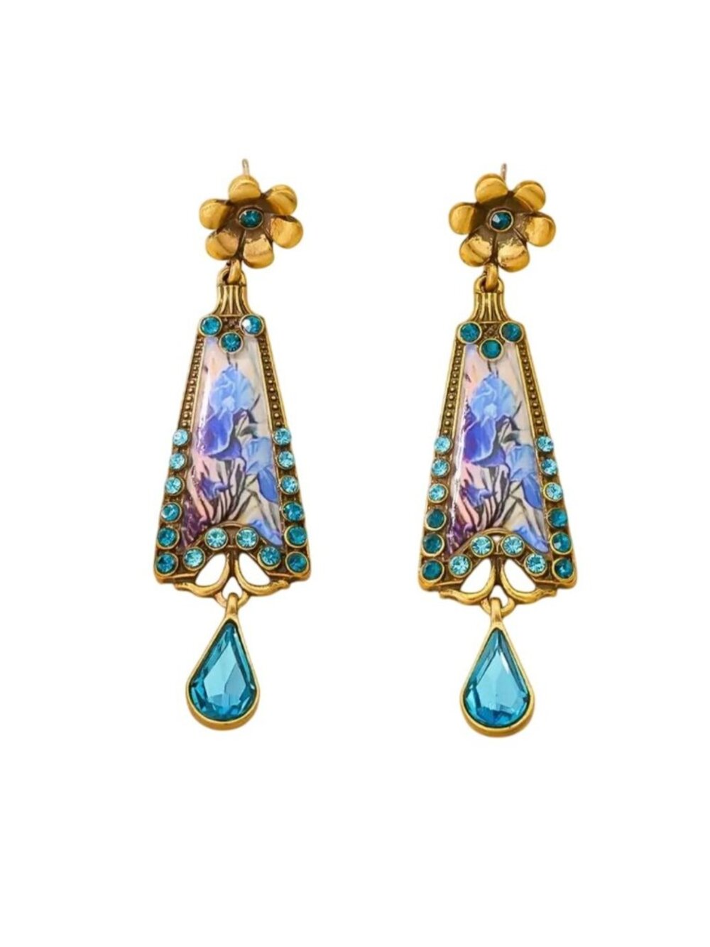 Art Nouveau Style Iris Earrings Gold Tone with Blue Crystals - Picture 1 of 2